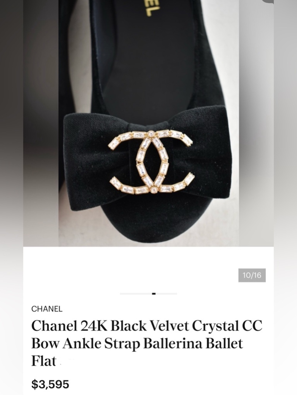 NWOT CHANEL 24K Black Velour Crystal CC-bow Embellished Ankle-Strap Flats 37 - Picture 7 of 16